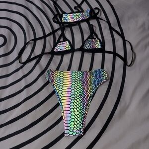 Lyte Couture Rainbow Reflective Slither Snake Rave Set Bra Top Thong and Mask